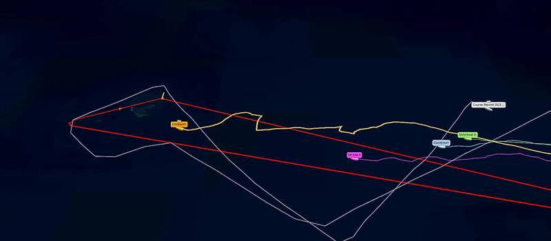 Positions approaching North Cape at 1300hrs - Clockwork (Orange), Wired (White), Mr Kite (Mauve),  Equilibrium (Ming Blue), Motorboat III (Lilac) -  Three Kings Race - April 16, 2026 - photo © Yellow Brick