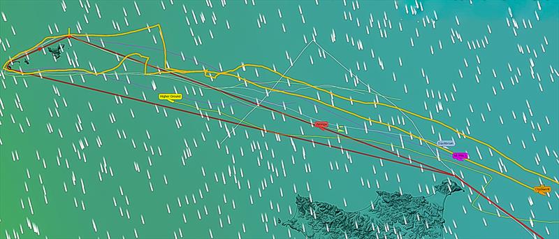 Positions at 2325hrs Friday - Clockwork (Orange), Wired (White), Mr Kite (Mauve),  Equilibrium (Ming Blue), Motorboat III (Lilac) -  Three Kings Race - April 16, 2026 - photo © Yellow Brick