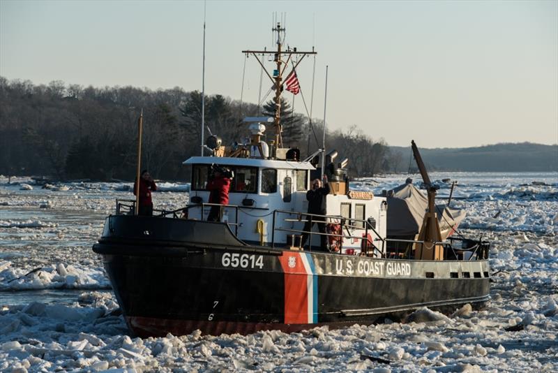 U.S. Coast Guard Cutter Bollard, a 65-foot Small Harbor Tug, transits on the ice-covered Connecticut River near Essex, Connecticut, Jan. 18, 2018 photo copyright Petty Officer 3rd Class Frank Iannazzo-Simmons taken at  and featuring the Power boat class