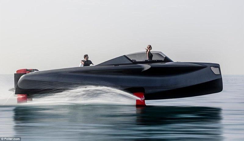 The hybrid diesel-electric luxury yacht incorporates a retractable hydrofoil system that can tackle waves of up to five feet. Customers wishing to purchase one will have to wait an average of 12 months before delivery photo copyright Foiler.com taken at  and featuring the Power boat class