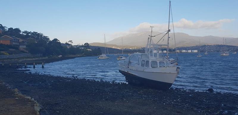 A motor vessel washed ashore in Tuesday morning storm that hit Hobart. - photo © Peter Campbell