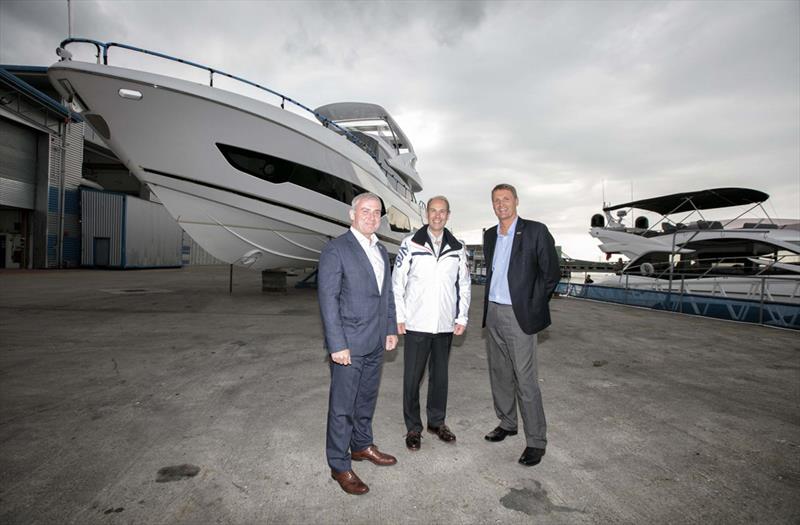 (l-r) Michael Straughan (COO), HRH The Earl of Wessex, Phil Popham (CEO) in front of Sunseeker's 76 Yacht photo copyright Sunseeker taken at  and featuring the Power boat class