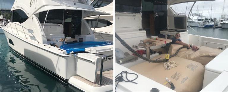 Left: The play pool filled with water. Right: Gabriella filling the fuel bladders photo copyright Riviera Australia taken at  and featuring the Power boat class