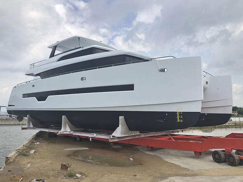 New Iliad 70 get splashed ahead of sea trials, and then unveiling to new owner and premiere at the Sydney International Boat Show photo copyright Multihull Solutions taken at  and featuring the Power boat class