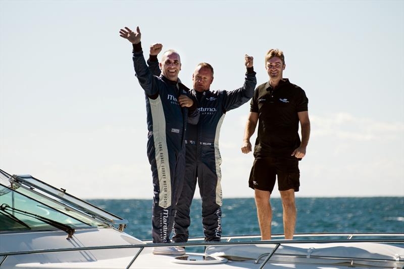 (L to R) Chad Lemming, Ross Willaton and Tom Barry Cotter after the hotlap run photo copyright Maritimo taken at  and featuring the Power boat class