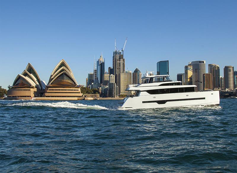 The ILIAD 70 slides effortlessly past the Sydney Opera House photo copyright John Curnow taken at  and featuring the Power boat class