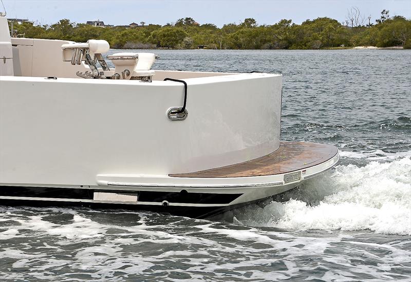 Maritimo One M72 sports a magnificent, wedge style transom below the fixed duckboard to ensure she rises up when backing down hard onto fish, and not push her transom under. Cool photo copyright Murray Waite taken at  and featuring the Power boat class