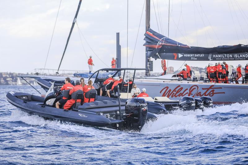 Ribco R28S and Venom 44 (Official Chase Boats) shadow Wild Oats XI on the way to the start of the Cabbage Tree Island Race photo copyright Salty Dingo taken at Cruising Yacht Club of Australia and featuring the Power boat class