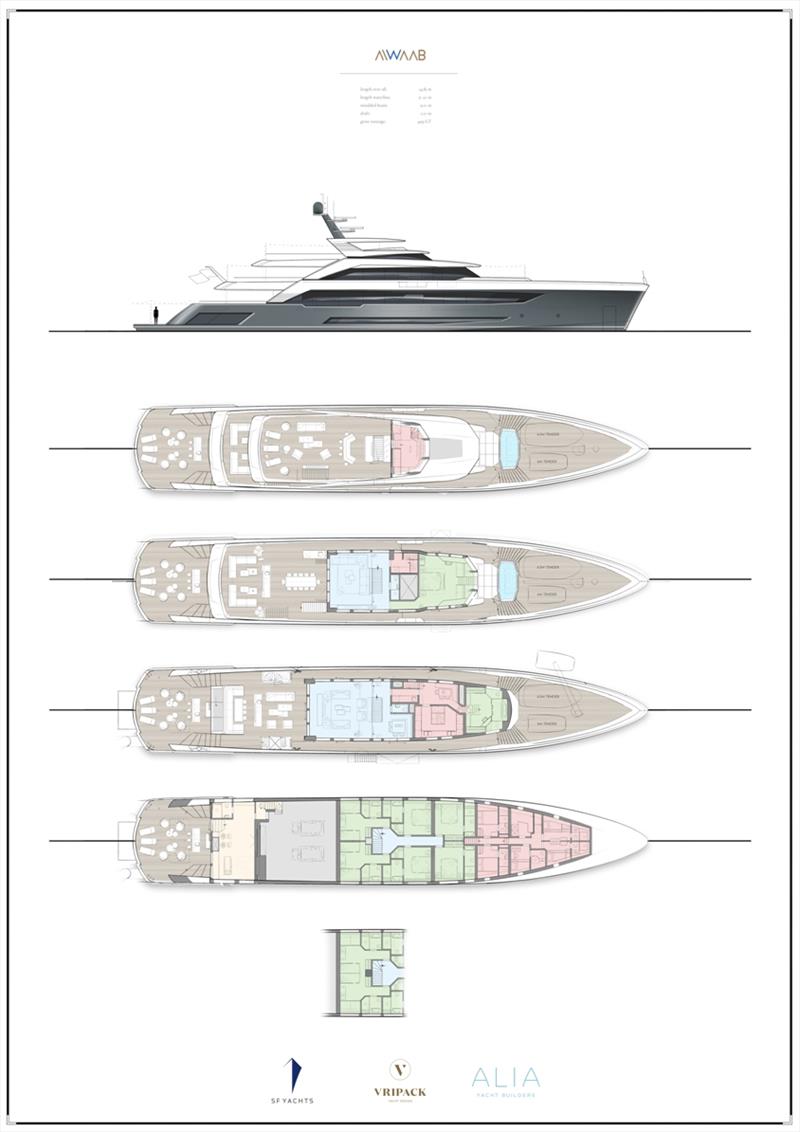 55m superyacht Al Waab II - General Arrangement photo copyright Alia Yachts taken at  and featuring the Power boat class
