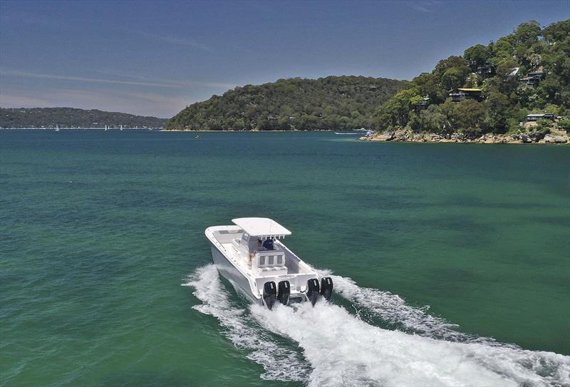 Running down Pittwater in the first Invincible 35 Powercat in Australia photo copyright Boat Monster taken at  and featuring the Power boat class