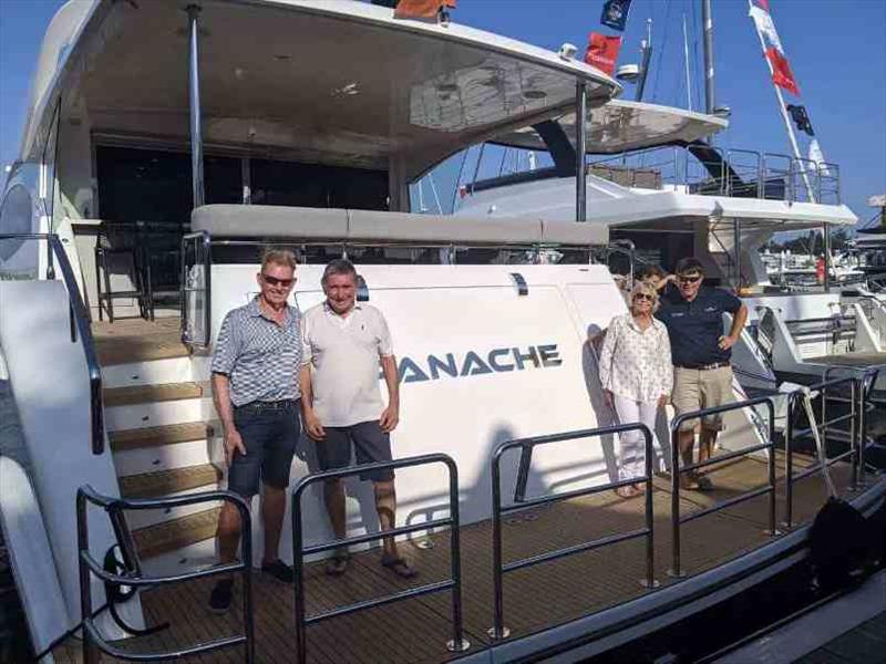 Whitehaven 8000 Sports Yacht Panache with proud owners Ray and Denise, and Whitehaven founders Keith and Ryan. - photo © Whitehaven Motor Yachts