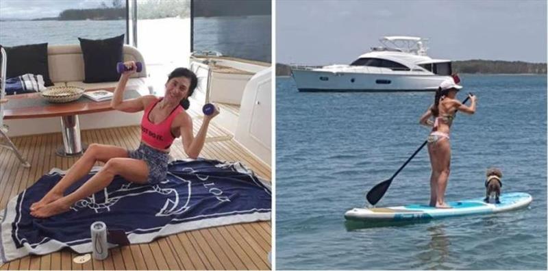 LEFT: Connie Borgia takes to the cockpit for her daily workouts. RIGHT: Connie loves to keep fit and healthy for boating, or paddle boarding with Grover photo copyright Riviera Australia taken at  and featuring the Power boat class