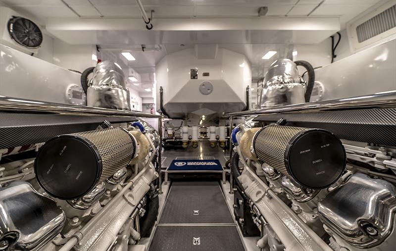 The Engine Room with her D16 Scanias, and the garage with the high freeboard tender on the Whitehaven 8000, Panache photo copyright Whitehaven taken at  and featuring the Power boat class