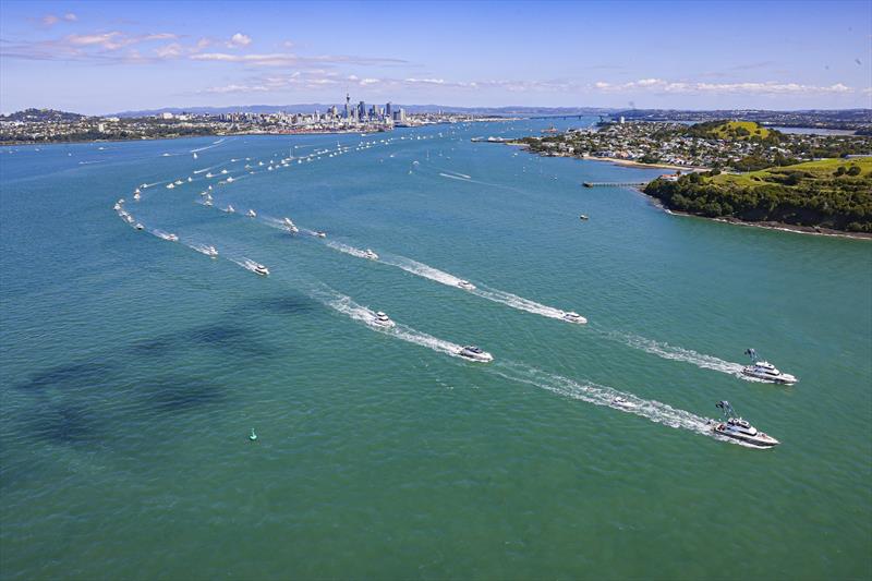 A line of Riviera luxury motor yachts as far as the eye can see heading out of Auckland Harbour photo copyright Riviera Studio taken at  and featuring the Power boat class