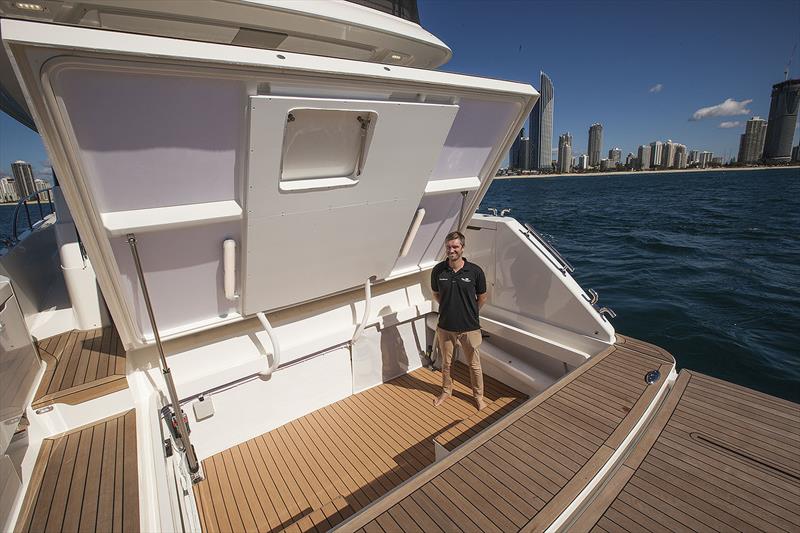 Tom Barry-Cotter (6'2` in the old scale) in the huge lazarette of the new Maritimo M55 photo copyright John Curnow taken at  and featuring the Power boat class