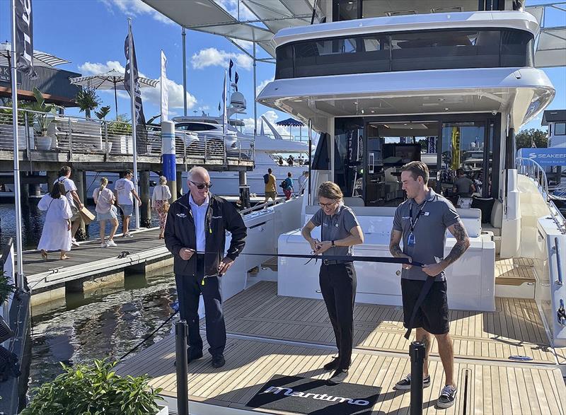 Maritimo M55 Launch - LtoR - Peter Ferrari - 17 years with Maritimo, Zoe Dy Pryck - 5 years, Jesse Blackley - 5 years photo copyright Maritimo taken at  and featuring the Power boat class