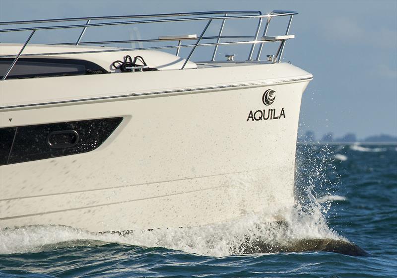 Bulbous bow on the starboard hull of the Aquila 44 powercat photo copyright John Curnow taken at Royal Queensland Yacht Squadron and featuring the Power boat class