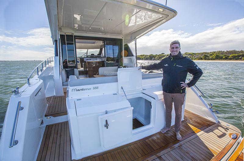 Cascades like rice fields in Bali. Tom Barry-Cotter on the Adventure deck of the new Maritimo S55 - larger console, further aft offers different access into the lazarette over her M55 sister photo copyright John Curnow taken at  and featuring the Power boat class