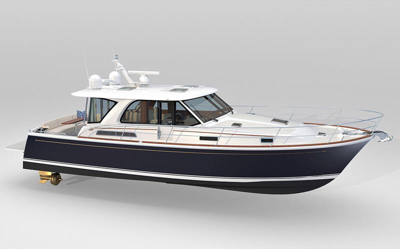 First reveal of new Sabre 43SE, which has clearly opted for pod drives, has a new coachhouse treatment, yet retains a traditional Downeast feel none the less photo copyright Sabre Motor Yachts taken at  and featuring the Power boat class