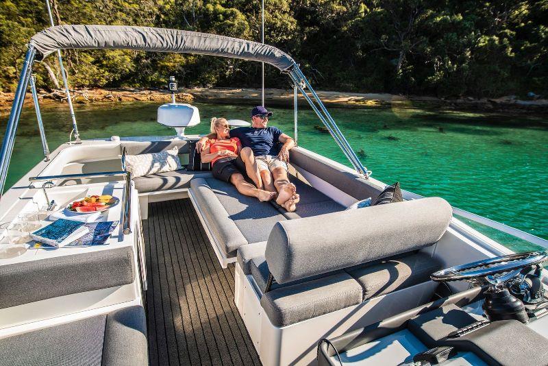 The Riviera 39 Open Flybridge offers an extended flybridge with helm and companion seats forward and a large L-shape lounge - which can convert to a generous sun pad - aft. - photo © Riviera Australia