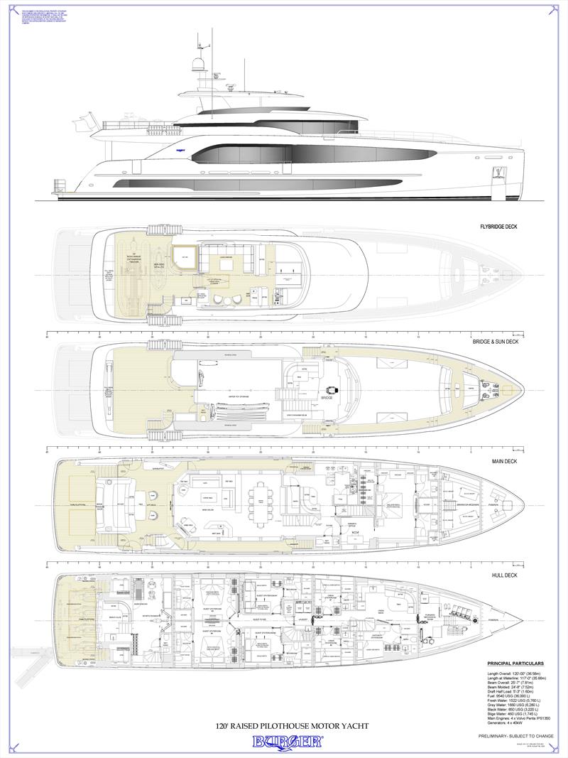 Burger 120 Raised Pilothouse Motor Yacht - General arrangement photo copyright Burger Boat taken at  and featuring the Power boat class