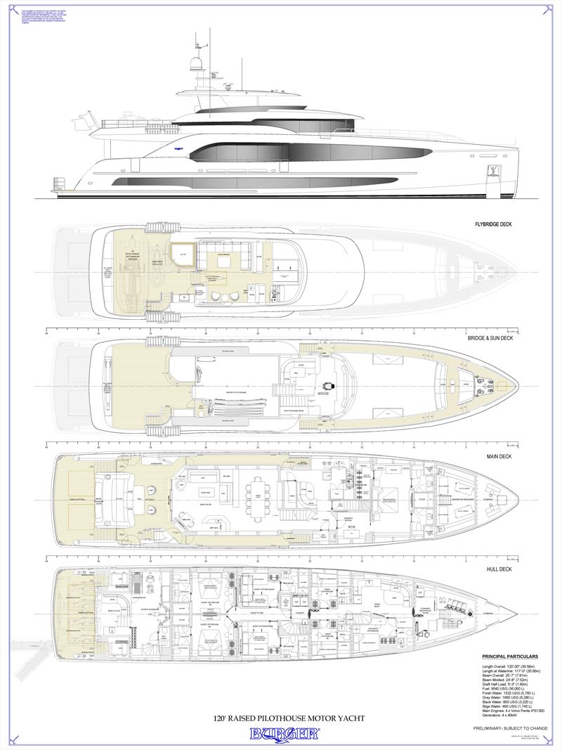 Burger 120 Raised Pilothouse Motor Yacht - General arrangement - photo © Burger Boat