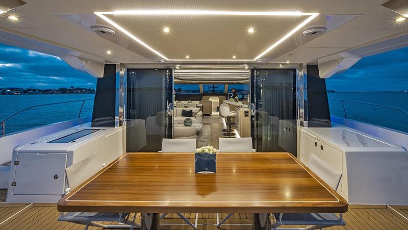 Entertaining space on the main deck of the Aquila 70 photo copyright Onne van der Wal taken at  and featuring the Power boat class