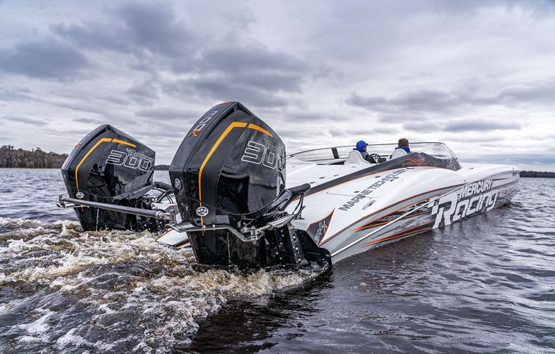 Twin Mercury Racing 300R on an MTI powercat photo copyright Mercury Racing taken at  and featuring the Power boat class