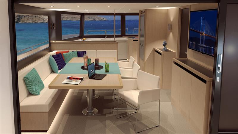 Leen 50 - The saloon's table can be set up in 2 positions?–?in a high position for meals (with space for 8 people) and a low position for a living-room feel. - photo © LEEN-Trimarans