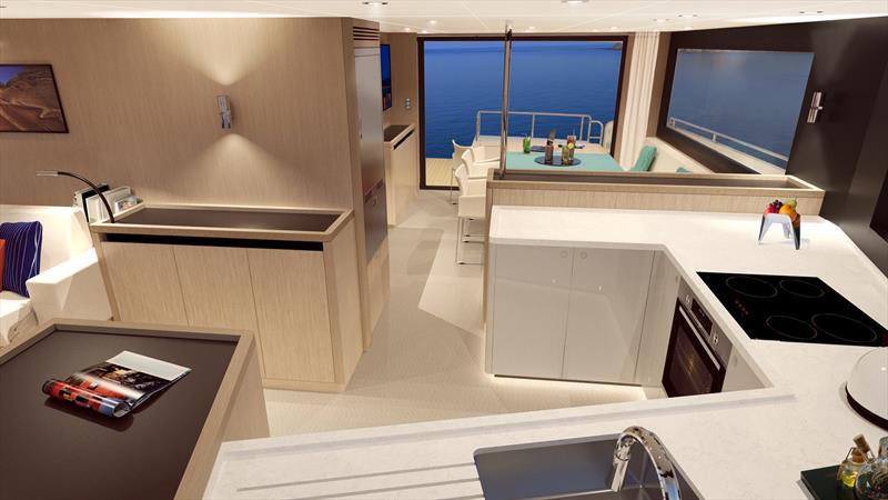 Leen 50 - Communal areas, saloon, dining room, galley and wheelhouse are on the same level. These open-plan living spaces are inviting, warm and bright with a breathtaking 360° view. - photo © LEEN-Trimarans