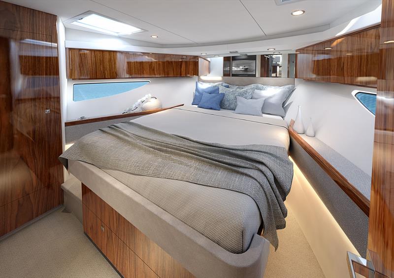 The master forward offers a queen double bed and sweeping hull windows - Riviera 465 SUV photo copyright Riviera Australia taken at  and featuring the Power boat class