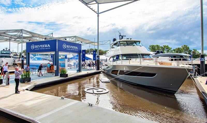 The Riviera 78 Motor Yacht takes pride of place at the entry to Riviera's spectacular showcase at Sanctuary Cove in 2022 photo copyright Joseph Byford taken at  and featuring the Power boat class