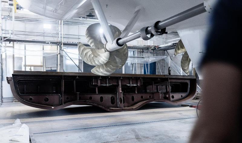 The new 1.5 metre swim platform extension lays in the outfitting shed ready to be welded on to the hull - photo © Moonen Yachts