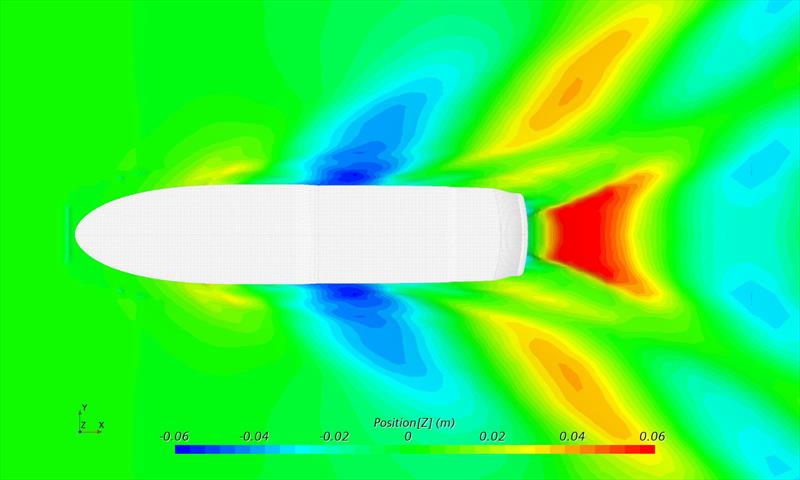 Wave plan at 20 knots of the base hull - deeper colours and size indicate the issues - photo © Bray Yacht Design
