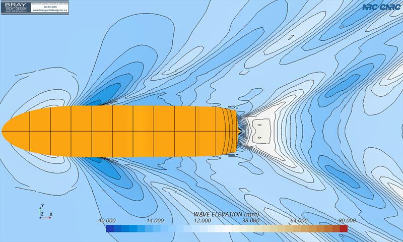 Fully Appendaged version @12 knots - apart from far superior software, due to the era, the change of angle and reduction of variance in colours (contours or height) speaks volumes - photo © Bray Yacht Design