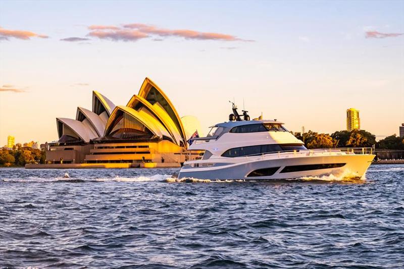 Two great Australian icons - the Sydney Opera House looks over the magnificent Riviera 78 Motor Yacht photo copyright Darcy Starr taken at  and featuring the Power boat class
