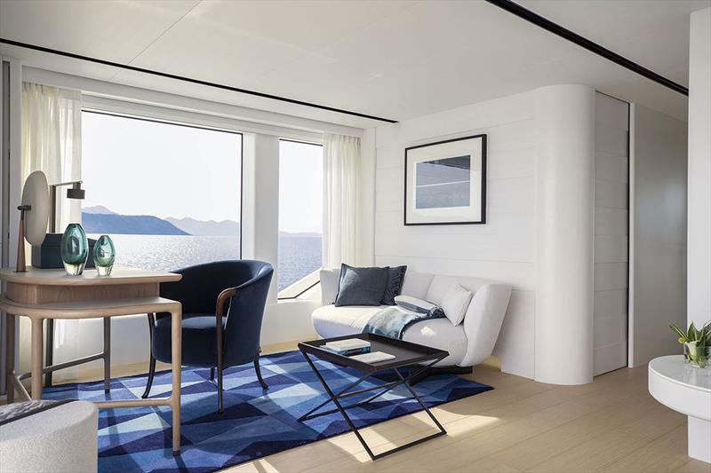 Master cabin, on the bridge deck, features a refined sea-view study/relaxation area with the JULIET desk/vanity and the iconic PROGETTI chair. Behind it is GALET two-seater sofa accompanied by DUAL coffee table & OTTO ottoman - Benetti B.Yond 37 M Yacht - photo © Georgetti