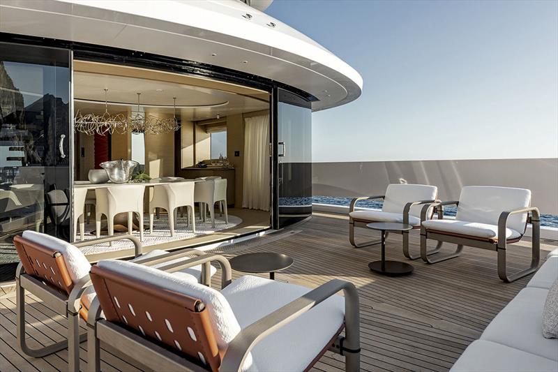 With a strong visual impact, the MIZAR table customises the dining area. It is accompanied by DIANA armchairs. In the bow, the open-air relaxation area features the geometric shapes of the LOOP armchairs and APSARA low tables - Benetti B.Yond 37 M Yacht photo copyright Georgetti taken at  and featuring the Power boat class