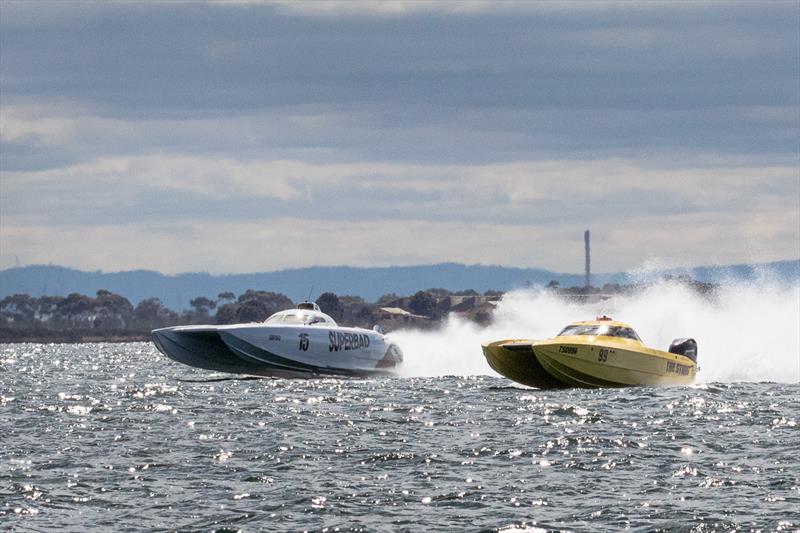 Superbad goes around the outside of The Sting - 2023 Offshore Superboat Championship photo copyright Australian Offshore Powerboat Club taken at  and featuring the Power boat class