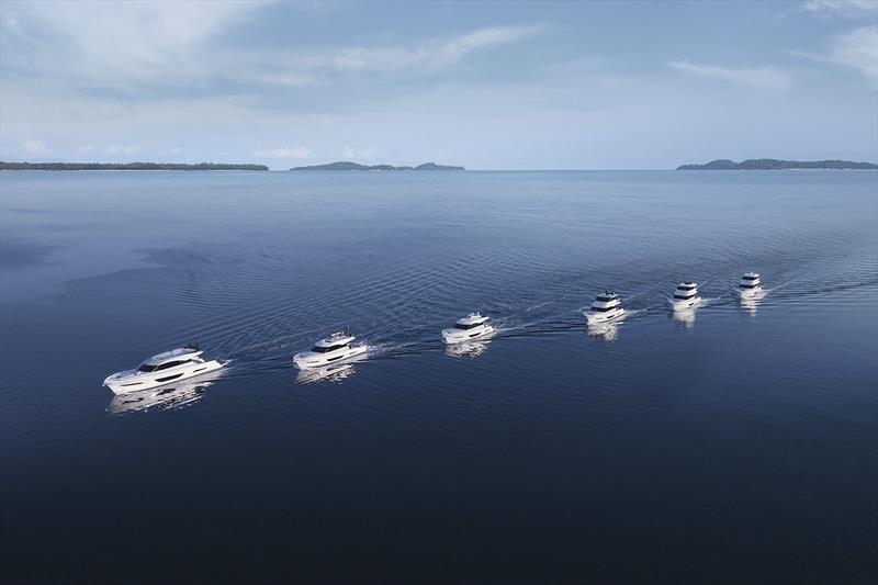 S75 leads the Maritimo Fleet into SCIBS - S600 and S55 immediately astern, with M60, M600, and M55 line astern of them photo copyright Maritimo taken at  and featuring the Power boat class