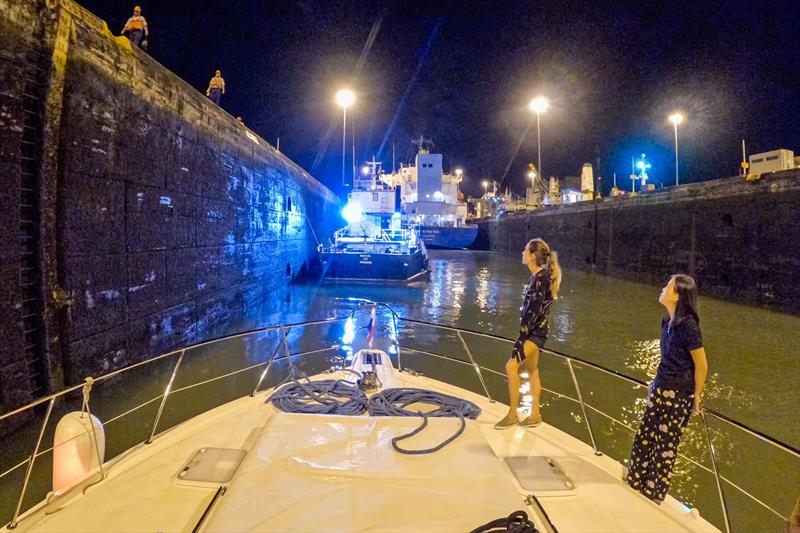 Caroline 2.0 entered the first lock at 2000, with the crew relying heavily on their navigation skills to safely traverse the canal and container ships photo copyright Riviera Australia taken at  and featuring the Power boat class