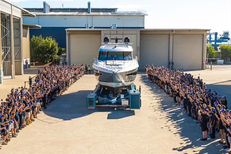 The Riviera team of 950 people celebrate the launching of the 6,000th Riviera at the company's 16.8 hectare facility on the Gold Coast photo copyright Darcy Starr www.darcystarr.com taken at  and featuring the Power boat class