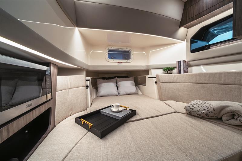 SLX 360 Outboard V-berth sleeping area with filler cushion photo copyright Sea Ray taken at  and featuring the Power boat class