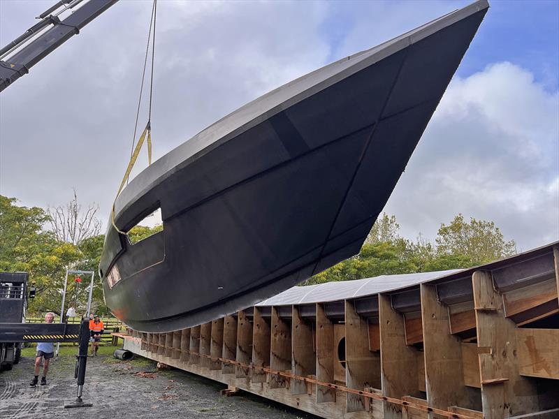 Sprint 20S - Starboard topside being removed from the mould prior to installation on the vessel. Pre-trimmed and checked in accordance with the 3D hull scan - photo © Valder Yachts