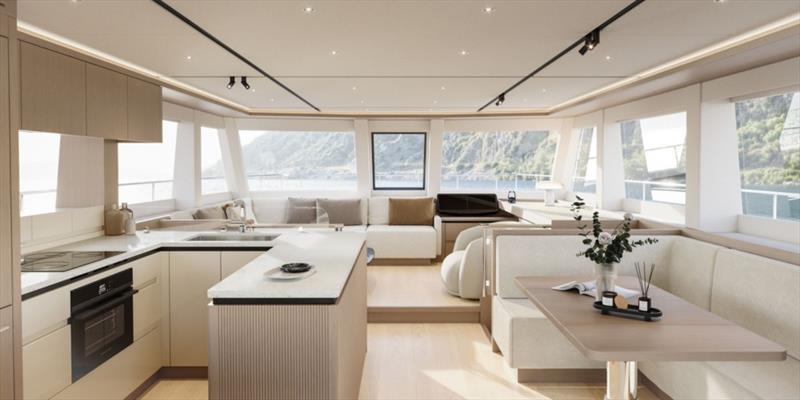The bespoke interior of the first ILIAD 53F OffGrid Hybrid, created in collaboration with Baz Yacht Design photo copyright ILIAD Catamarans  taken at  and featuring the Power Cat class