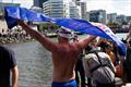 Jono Ridler celebrates completing his 1367km swim - Wellington - April 4, 2026 &copy; Joshua Mccormack/LiveOcean