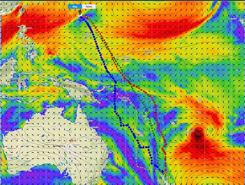 Full course routing - Volvo Ocean Tace - Leg 6, February 12, 2018 at 00.001UTC - the yellow and green tracks are the only two seen by the VOR boats. It is most likely that they will take the green (GFS) track to Auckland.On this track the boats will finish the soonest of the four at 0914hrs on February 24, 2018, with another 12d 8hr sailing and with 4103nm left to cover.- photo © Predictwind.com