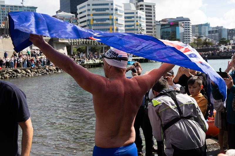 Jono Ridler celebrates completing his 1367km swim - Wellington - April 4, 2026 - photo © Joshua Mccormack/LiveOcean
