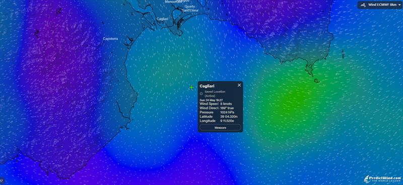 Pedictwind wind forecast map - Cagliari @ 1627hrs on May 25, 2026 - photo © Predictwind.com