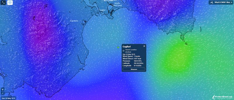 Pedictwind wind forecast map - Cagliari @ 1513hrs on May 25, 2026 - photo © Predictwind.com